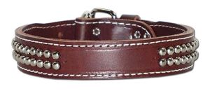 Leather Brothers - 1.25" Dee-In-Front Tapered Leather  2-Row Dome studded Collar - Brown - 19" Length