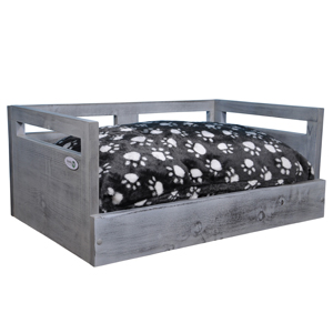 Sassy Paws Wooden Pet Bed with Paw Printed Comfy Cushion - Antique Gray - Large