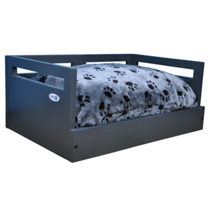 Sassy Paws Wooden Pet Bed with Paw Printed Comfy Cushion - Black - Medium