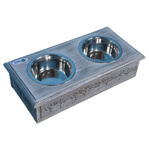 Sassy Paws Wooden Pet Double Diner with Stainless Steel Bowls - Antique Gray - Small