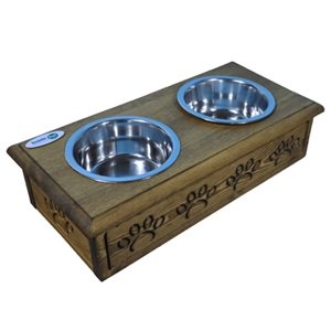 Sassy Paws Wooden Pet Double Diner with Stainless Steel Bowls - Rustic Brown - Small