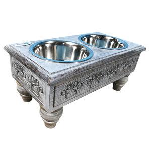 Sassy Paws Raised Wooden Pet Double Diner with Stainless Steel Bowls - Antique Gray - Large