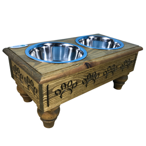 Sassy Paws Raised Wooden Pet Double Diner with Stainless Steel Bowls - Rustic Brown - Large