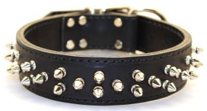 Leather Brothers - 1.5" Dee-in-front Latigo Full Spike Collar - Black - 21" Length