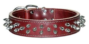 Leather Brothers - 1.5" Dee-in-front Latigo Full Spike Collar - Burgundy - 21" Length