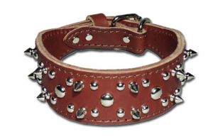 Leather Brothers - 2" Dee-in-Front Latigo Tapered Spike Studded Collar - Burgundy - 21" Length