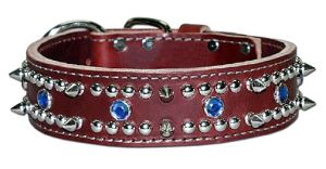 Leather Brothers - 1.5" Dee-in-Front Latigo Spike Studded Collar - Jewel - Burgundy - 25" Length
