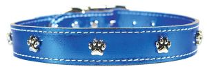 Leather Brothers - 1" Regular Leather Paw Ornament Collar - Metallic Blue - 24" Length
