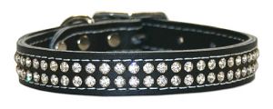 Leather Brothers - 3/4" Signature Leather 2-Row Crystal Collar - Black - 18" Length