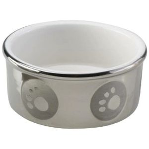 Ethical Stoneware Dish - Paw Print Titanium Dog Dish - Silver - 5 Inch 