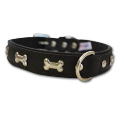 Angel Pet Supplies - Rotterdam Leather "Bones" Dog Collar - Midnight Black - 16" X 3/4"  