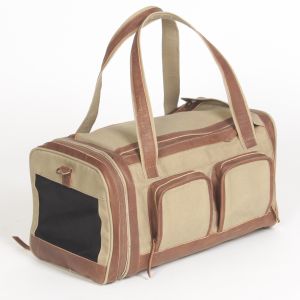 Hound?s Best - Deluxe Pet Travel Carrier - Khaki With Genuine Leather Accents