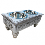 Sassy Paws Raised Wooden Pet Double Diner with Stainless Steel Bowls - Antique Gray - Medium